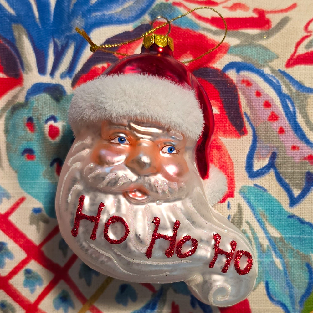 Vintage Blown Glass Hanging Santa Claus Ornament "Ho Ho Ho" Red/White 4 in
